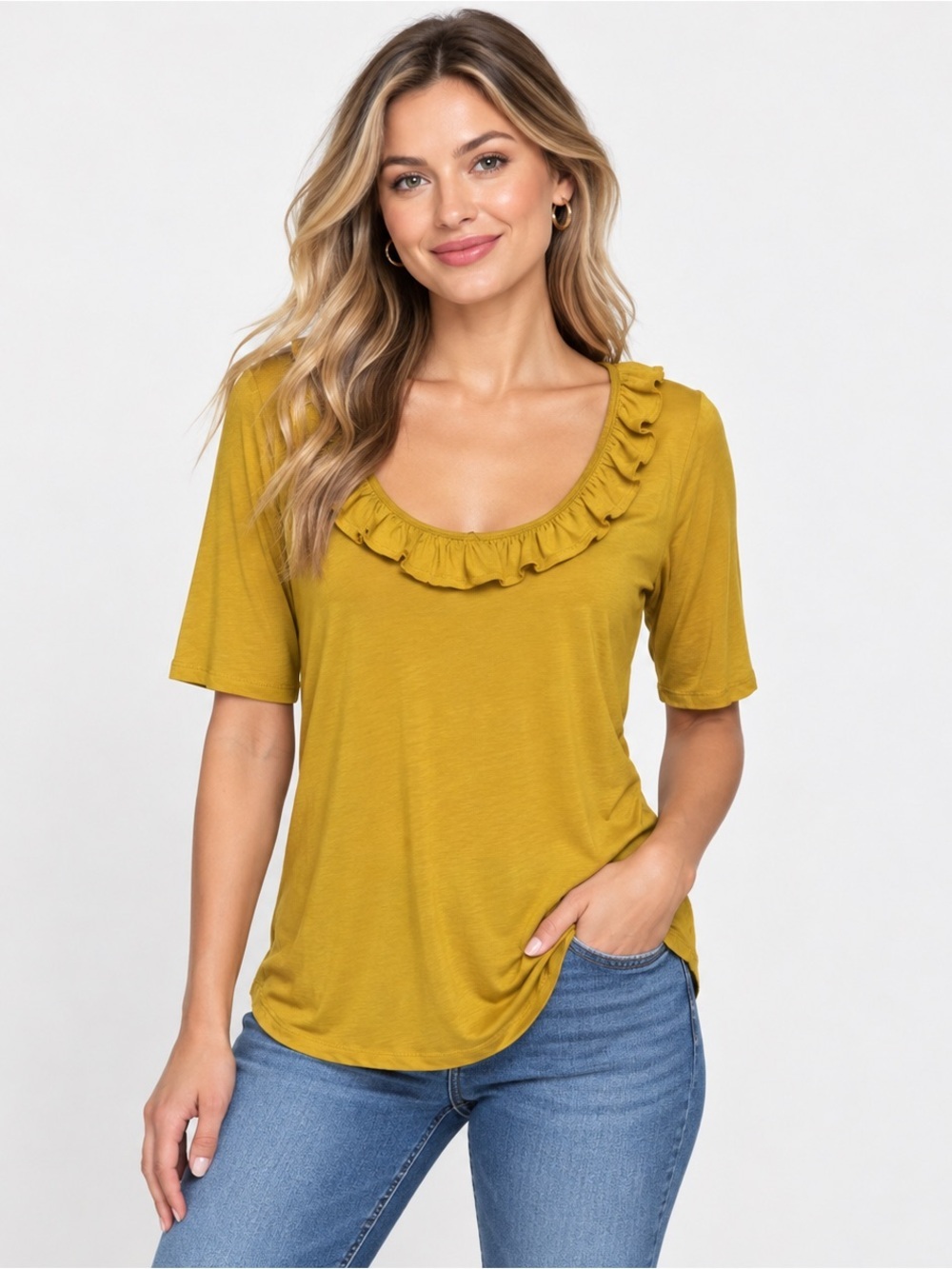 LOFT Mustard Yellow Ruffle Scoop Neck Short Sleeve Top Size M